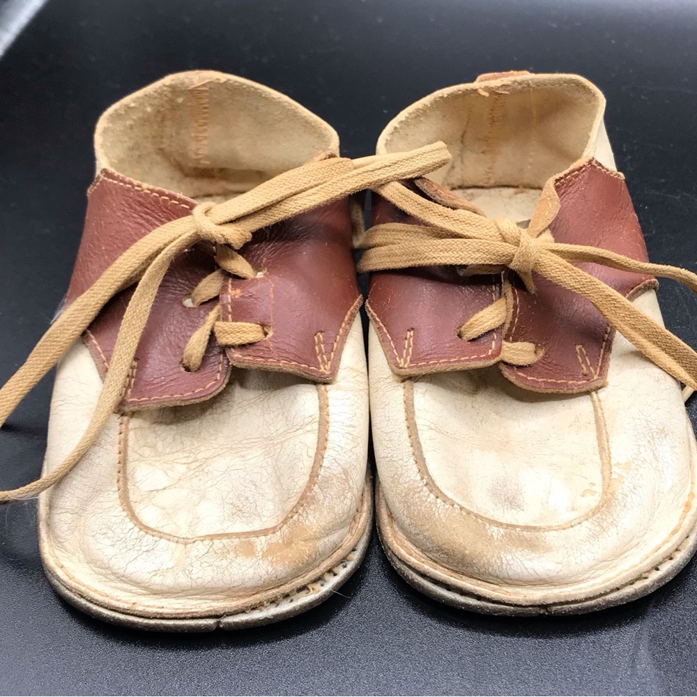 Used vintage brown/cream leather baby shoes decor